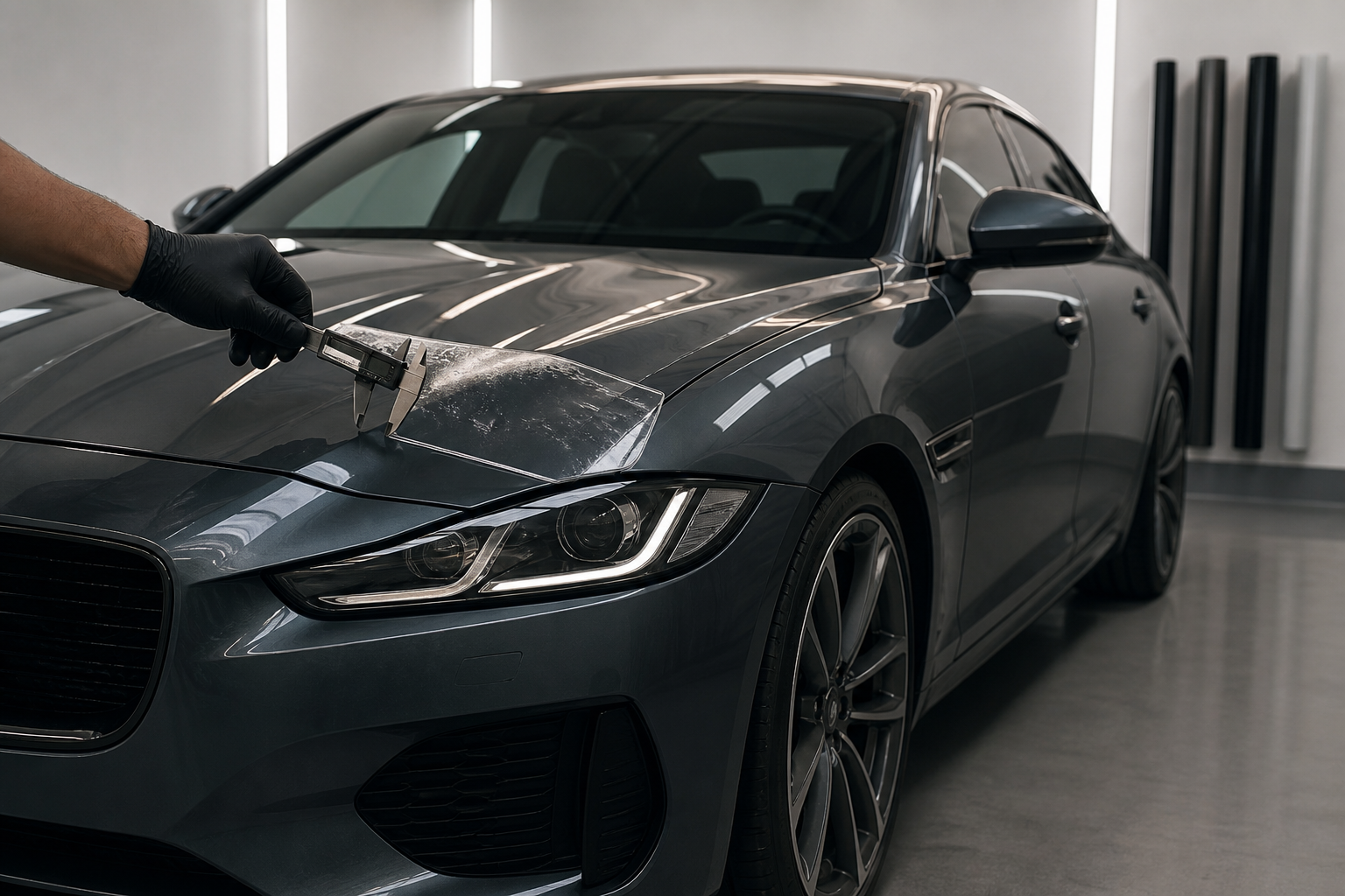 Technician checking a clear paint protection film sample on a dark car with a digital caliper