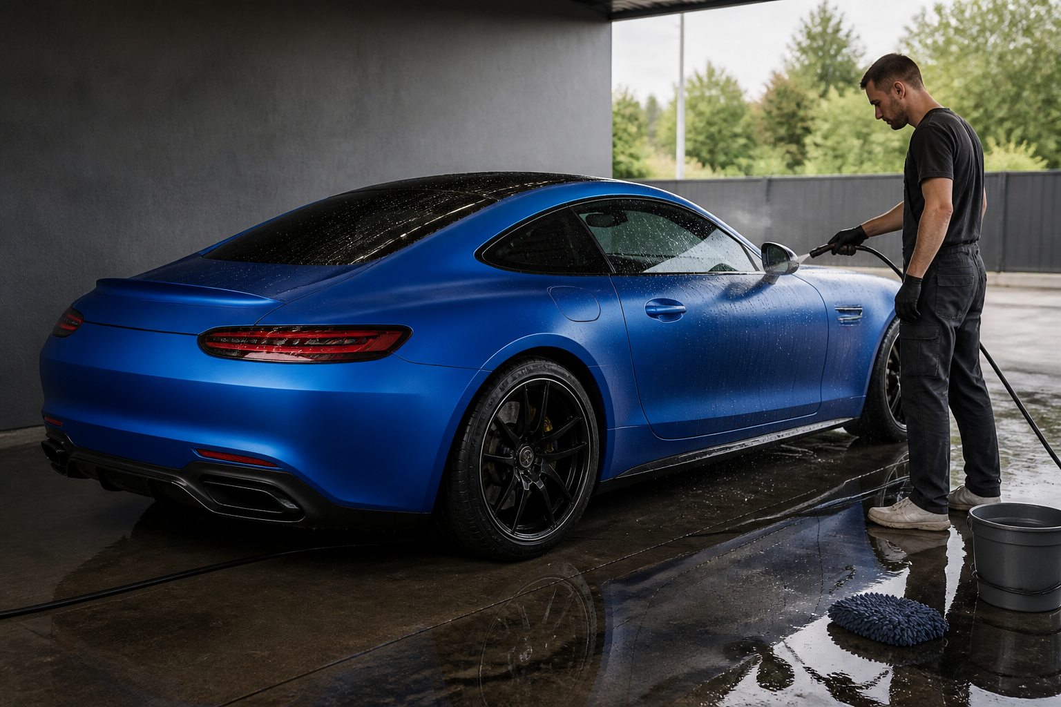 Person gently rinsing an unbranded blue coupe in a shaded wash bay