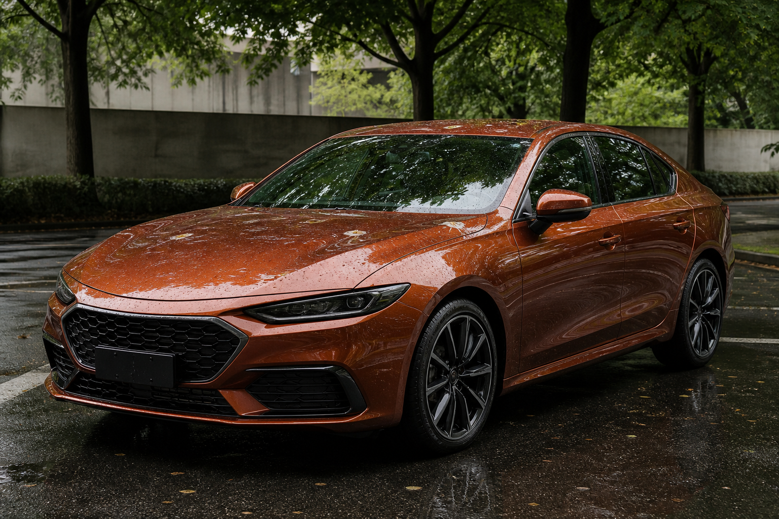 Unbranded copper sedan parked under trees after rain with small contamination marks on the hood