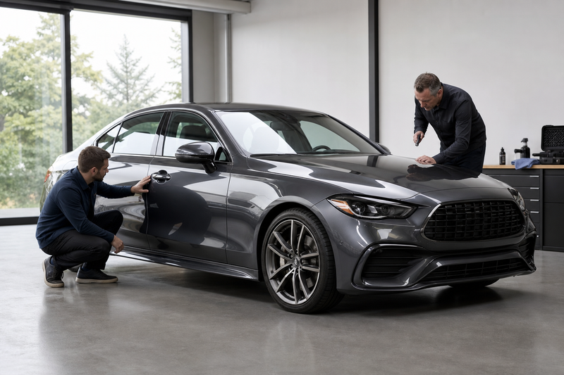 Buyer and appraiser inspecting an unbranded graphite sedan in a used-car appraisal bay