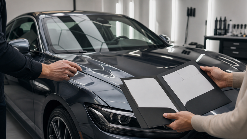 Unbranded dark coupe at a warranty handover with blank records and a visible PPF inspection area