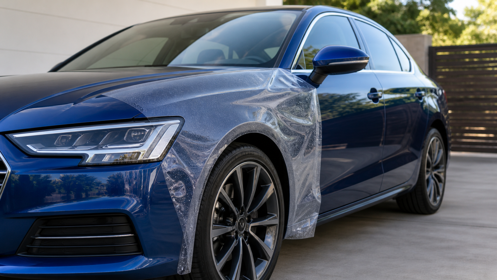 Unbranded blue sedan with a visible removable film edge during a color-change verification check