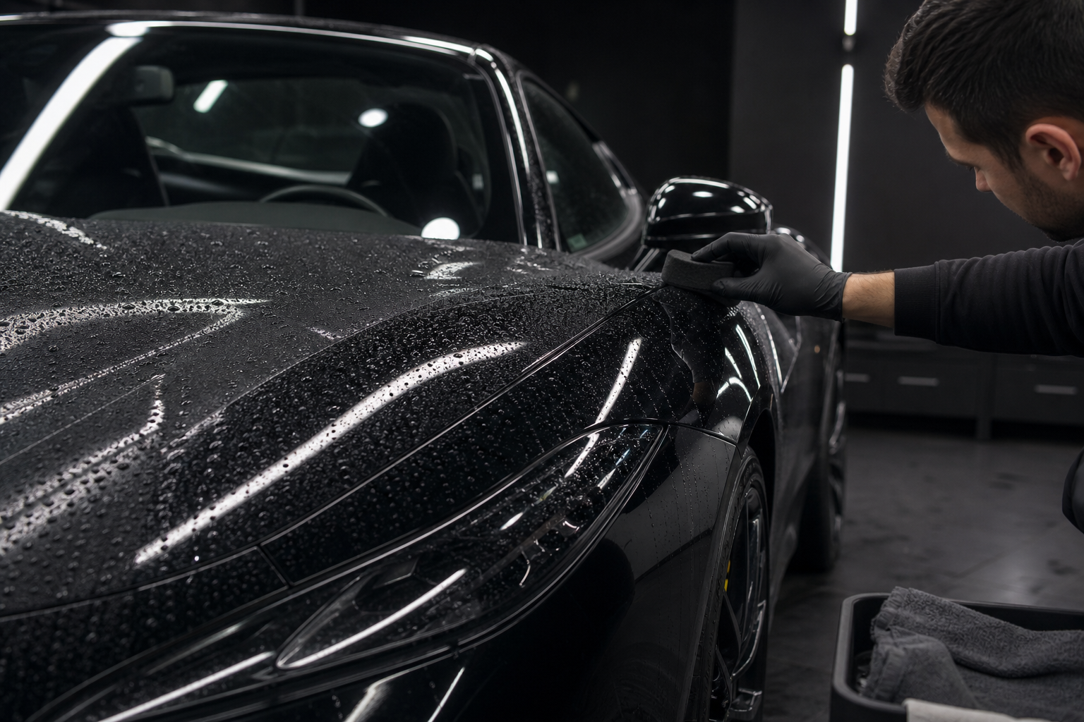 Technician applying an unbranded surface topper to a water-beaded black PPF-covered coupe