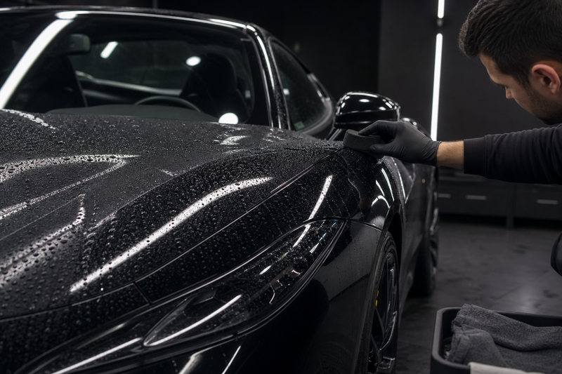 Technician applying an unbranded surface topper to a water-beaded black PPF-covered coupe