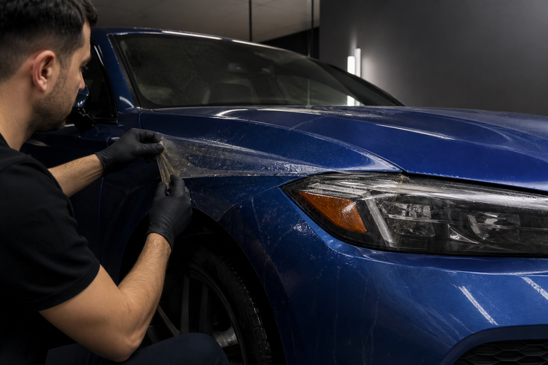 Technician lifting an aging clear PPF edge from an unbranded blue sedan in a detailing bay