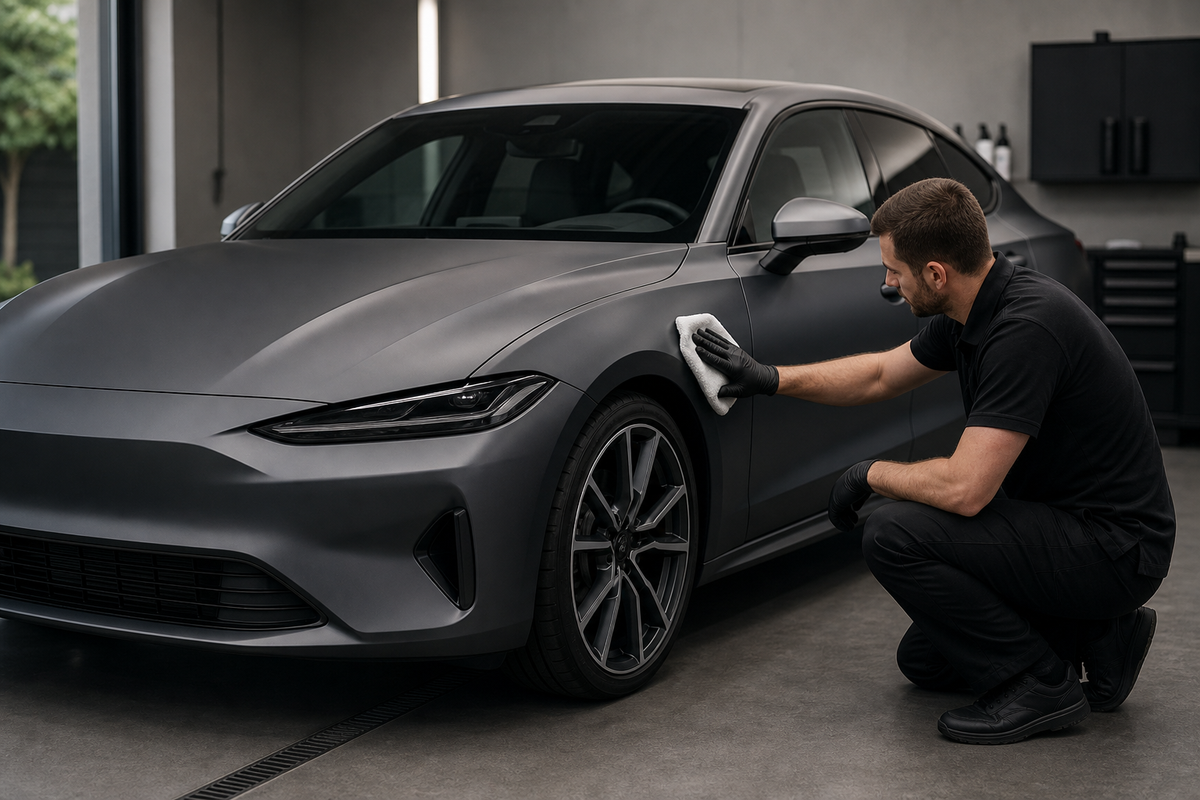 Unbranded low-sheen gray car receiving a careful microfiber surface inspection