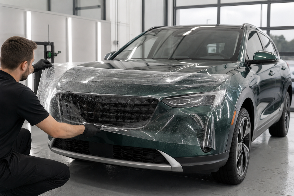 Unbranded deep-green crossover with a technician planning a transparent film area at the front