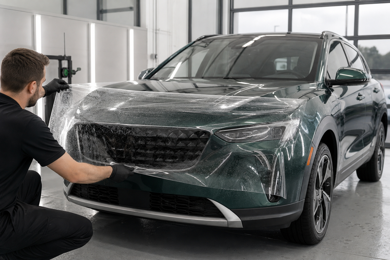 Unbranded deep-green crossover with a technician planning a transparent film area at the front