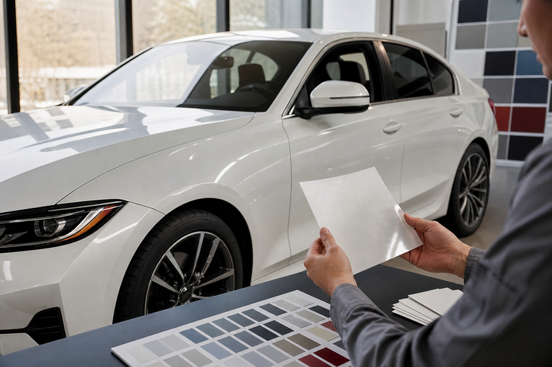 Unbranded pearl-white sedan and blank film sample in an automotive product-development studio