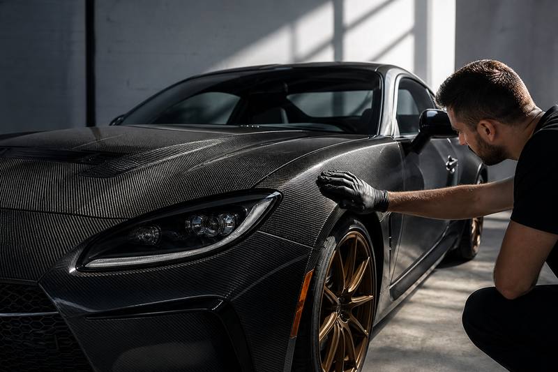 Unbranded performance coupe with carbon-fiber-textured surface examined in raking light