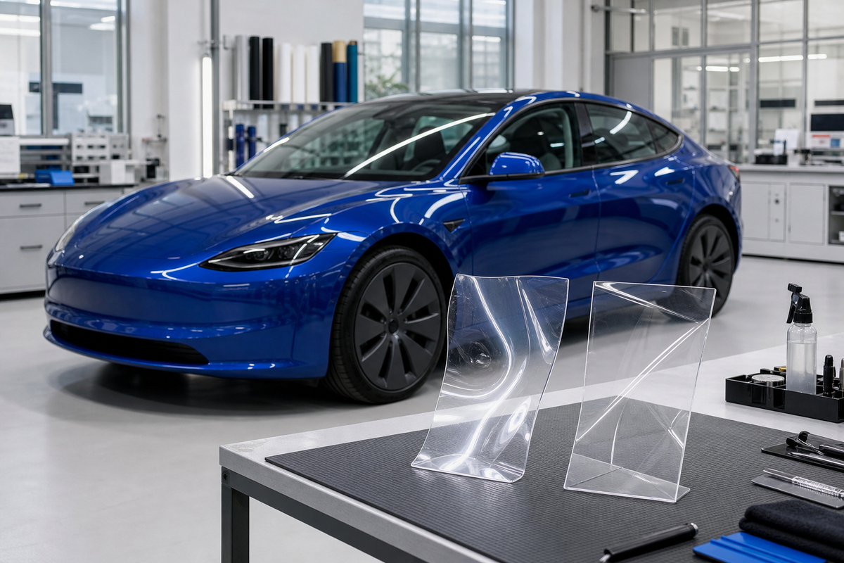 Unbranded blue electric coupe with two plain flexible film samples in a materials laboratory