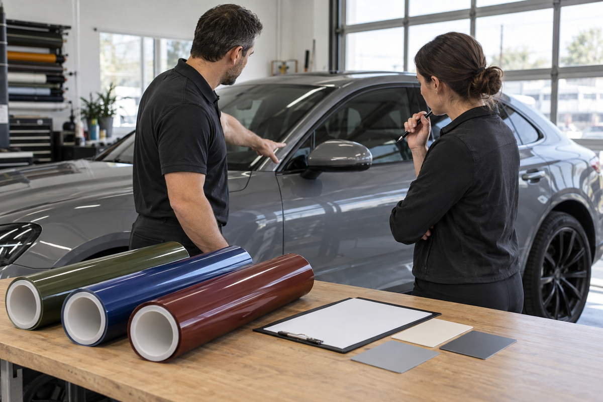 Illustrative automotive shop review of a vehicle project brief and generic film rolls