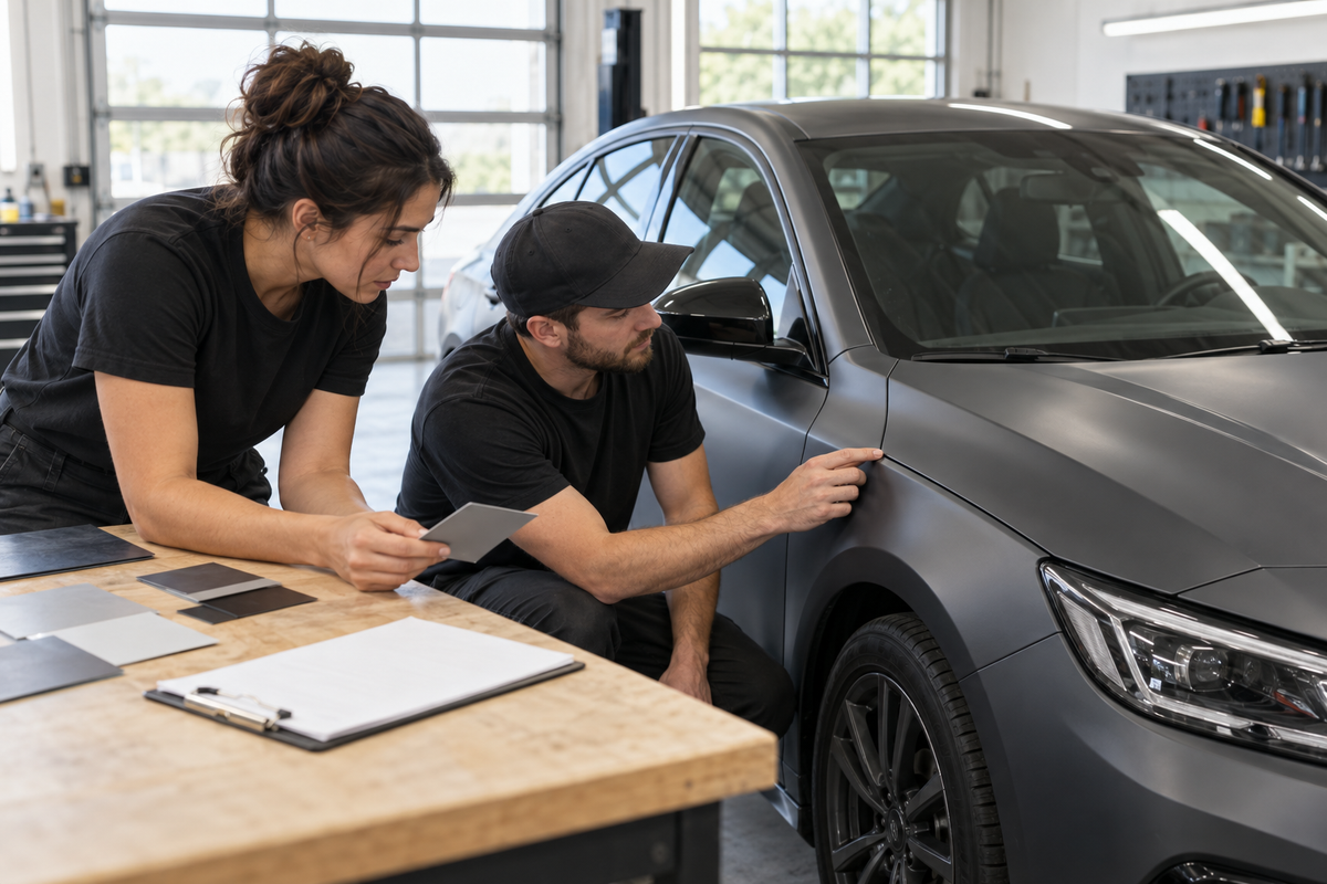 Illustrative wrap-shop consultation before considering PPF over an existing vinyl-wrapped vehicle