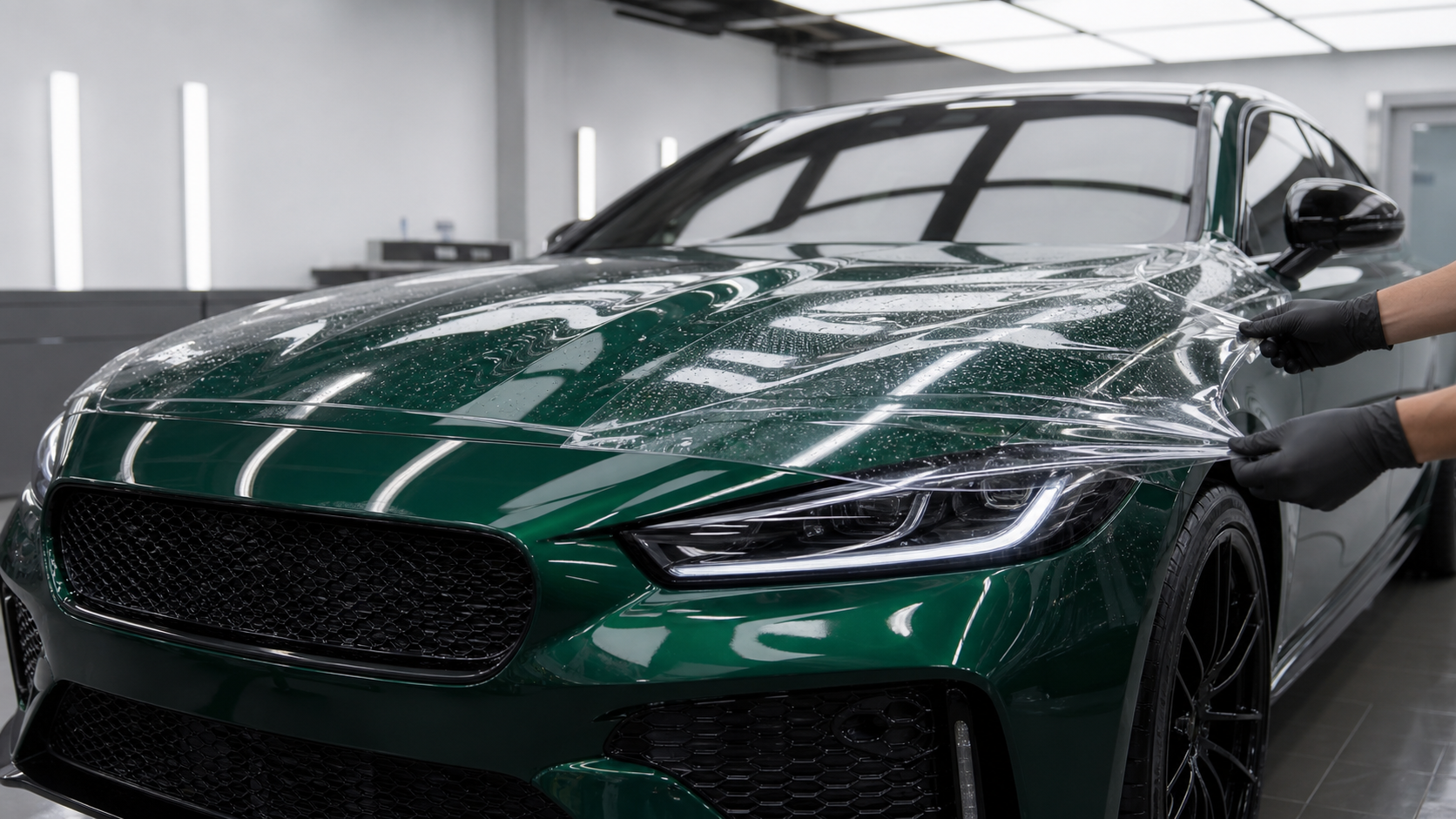 Emerald-green unbranded sedan receiving transparent protective film in a clean installation bay