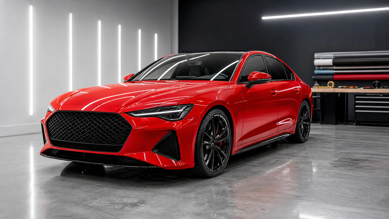 Unbranded red luxury sedan in a professional colored PPF studio