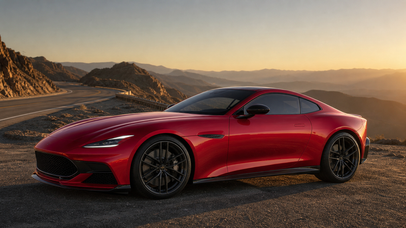 Unbranded crimson grand touring coupe on a desert mountain road