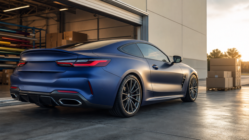 Midnight-blue unbranded coupe outside a clean film warehouse with plain cartons