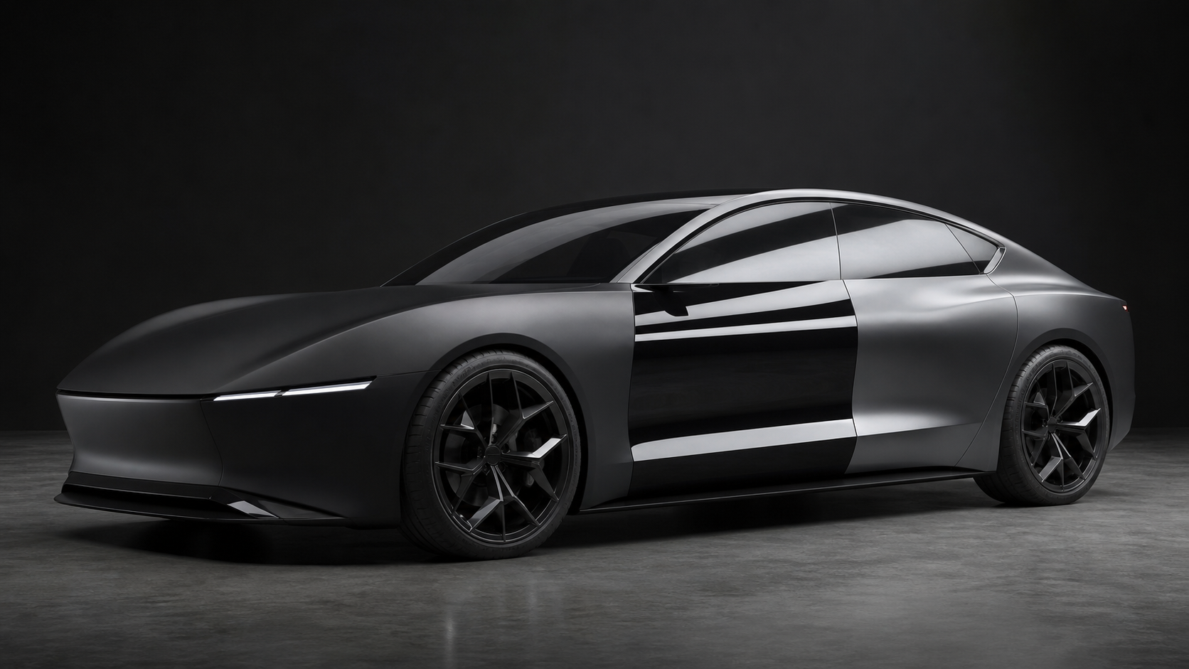 Unbranded concept coupe showing matte black, gloss black and satin graphite finish differences