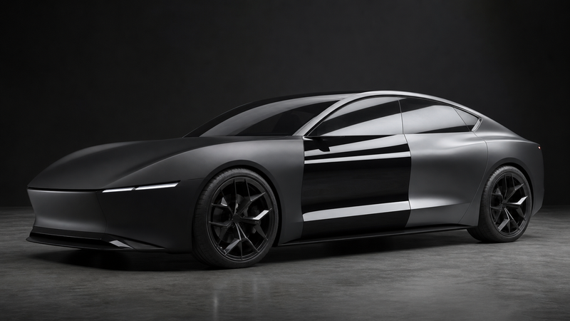 Unbranded concept coupe showing matte black, gloss black and satin graphite finish differences