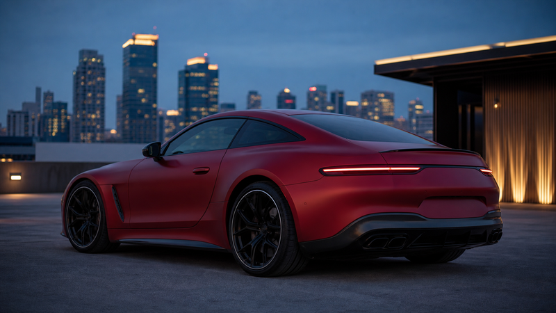 Unbranded grand touring coupe in matte burgundy-red paint protection film