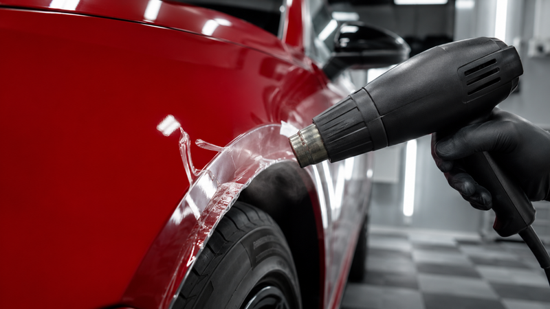 Heat gun post-heating PPF at a fender edge — post-heat guide 2026