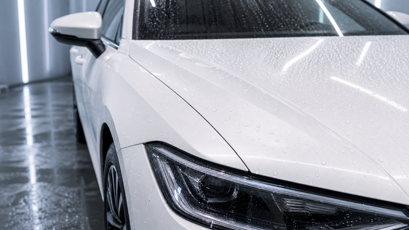 Water beading on an unbranded pearl-white sedan protected with PPF