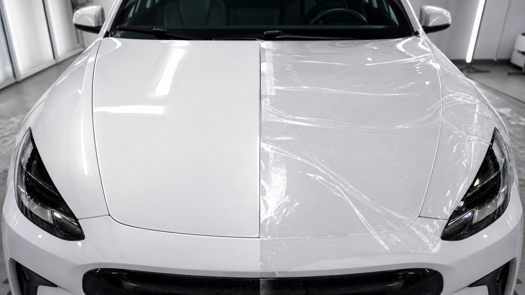 Car hood comparing a plotter-cut PPF pattern with a hand-cut bulk sheet