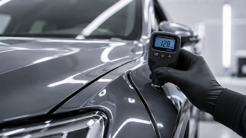 Paint thickness gauge inspecting a car panel gap before PPF application — prep checklist 2026