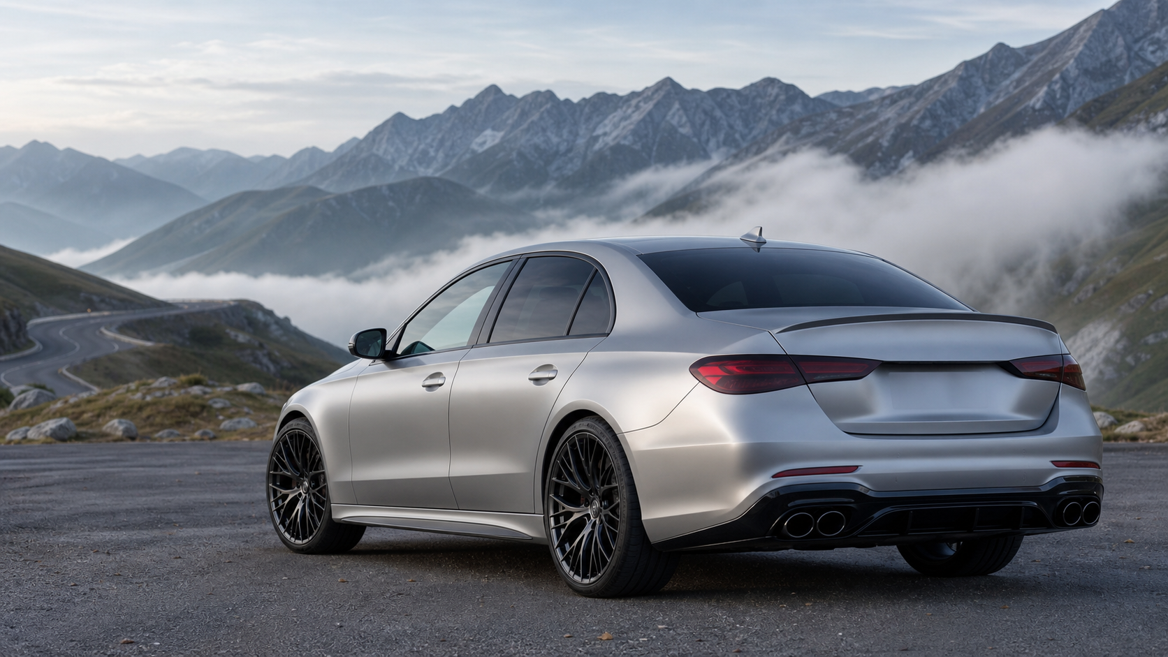 Unbranded performance sedan in satin pearl silver paint protection film