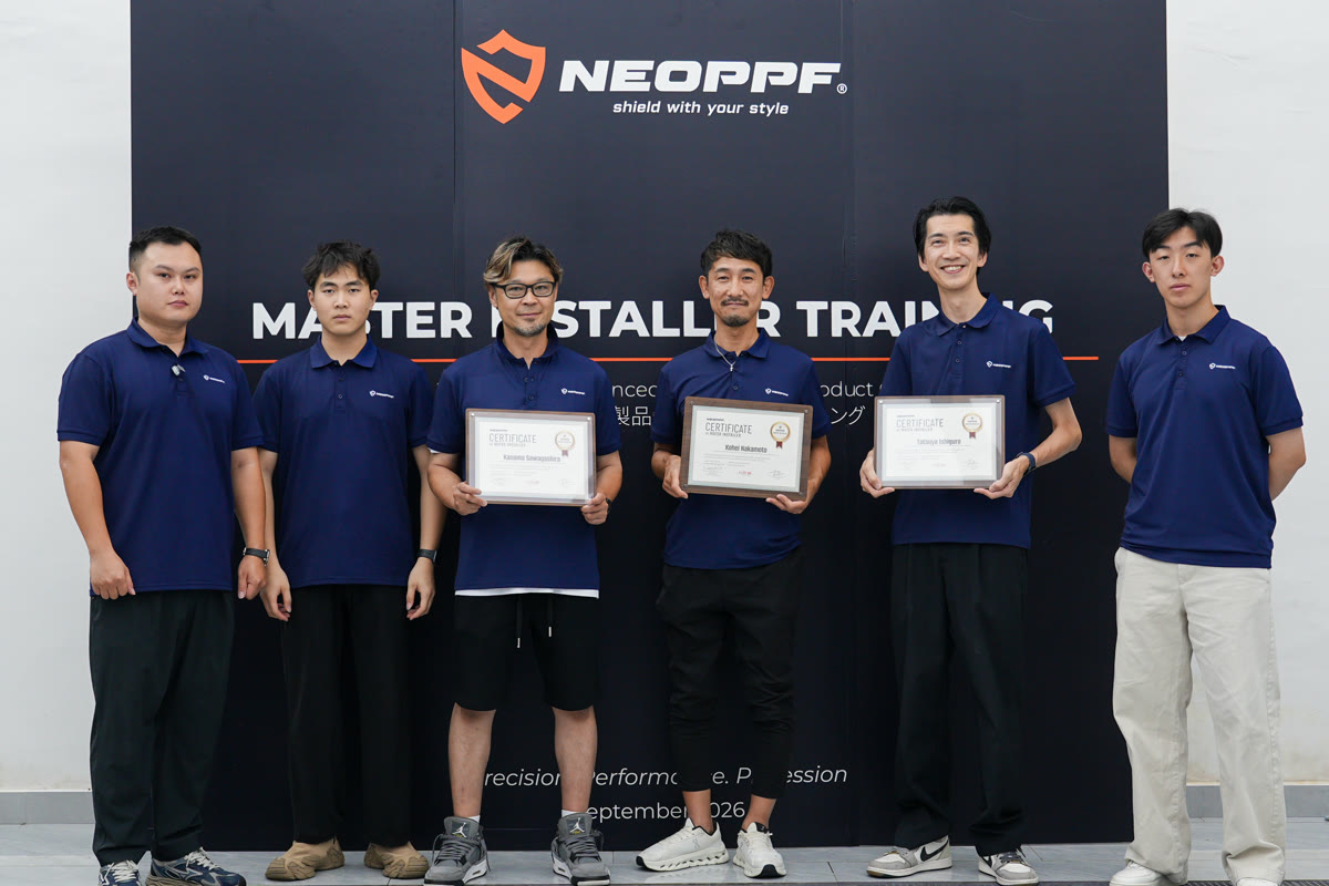 NEOPPF team with visitors from WrapMasters and Advance8 at TPU color change film training in Guangzhou
