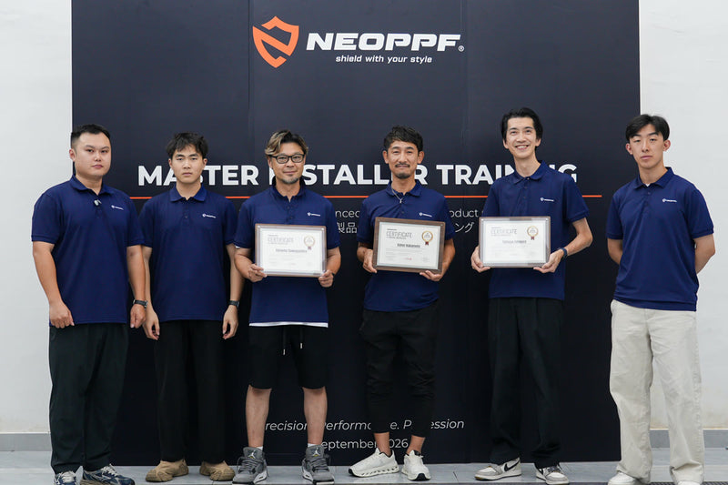 NEOPPF team with visitors from WrapMasters and Advance8 at TPU color change film training in Guangzhou