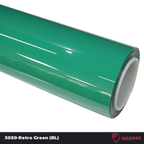 A sports car with Retro Green paint protection film colored wrap is parking in the garage