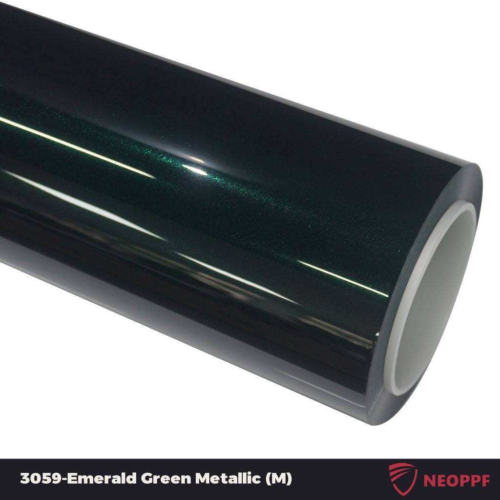 A sports car with Emerald Green Metallic paint protection film colored wrap is parking in the garage