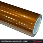 A sports car with Liquid Metallic Madeira Gold paint protection film colored wrap is parking in the garage