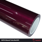 A sports car with Glazed Tata Red paint protection film colored wrap is parking in the garage