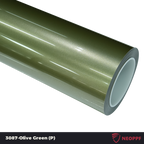 A sports car with Olive Green paint protection film colored wrap is parking in the garage