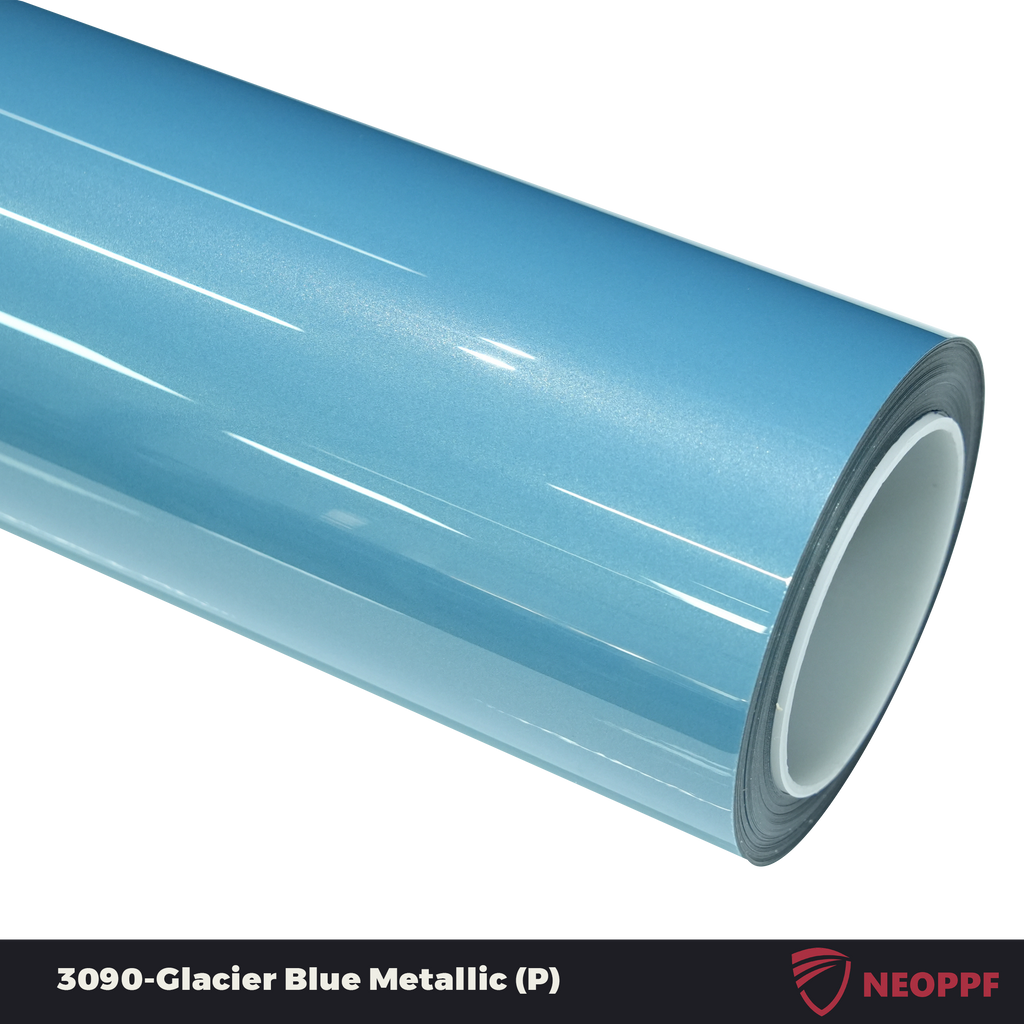 A sports car with Glacier Blue Metallic paint protection film colored wrap is parking in the garage