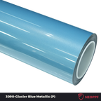 A sports car with Glacier Blue Metallic paint protection film colored wrap is parking in the garage