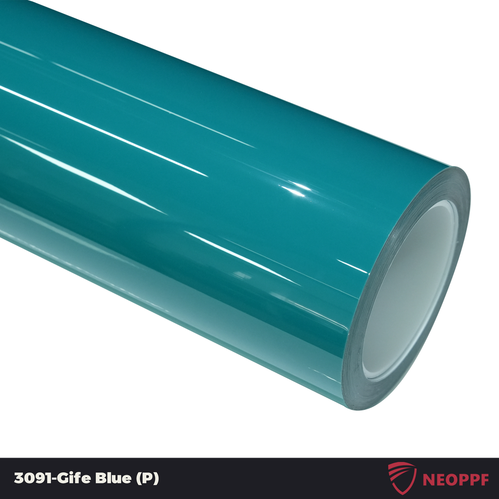A sports car with Gulf Blue paint protection film colored wrap is parking in the garage