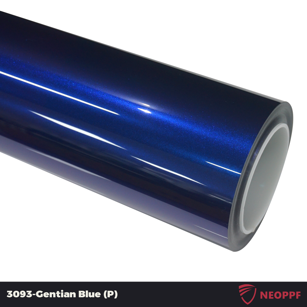 A sports car with Gentian Blue paint protection film colored wrap is parking in the garage