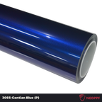 A sports car with Gentian Blue paint protection film colored wrap is parking in the garage