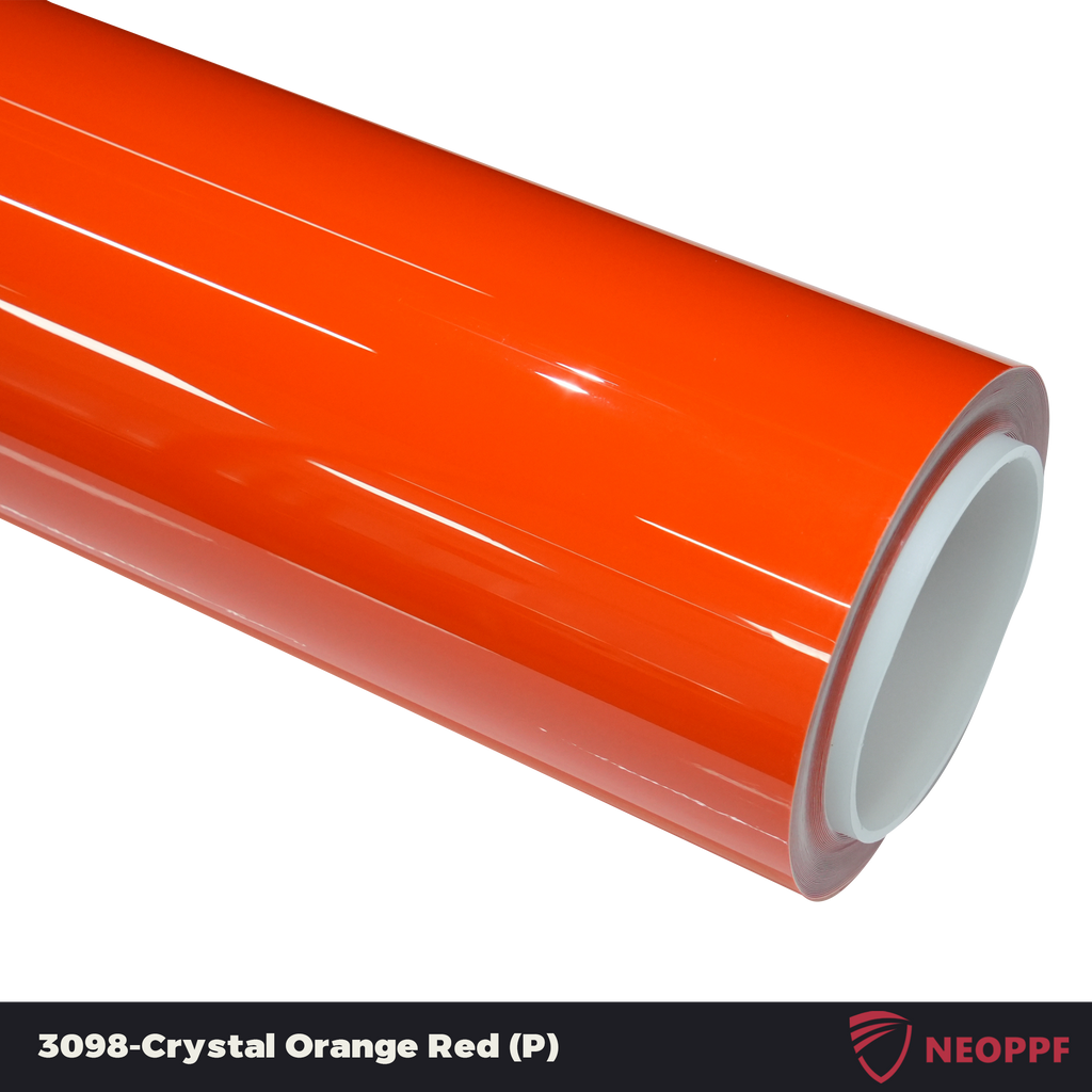 A sports car with Crystal Orange Red paint protection film colored wrap is parking in the garage