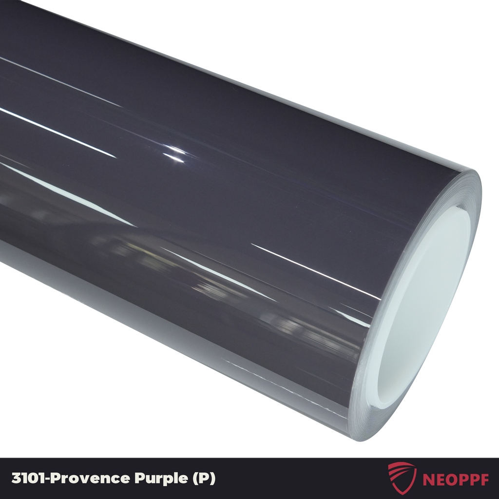 A sports car with Provence Purple paint protection film colored wrap is parking in the garage