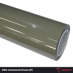 A sports car with Armoured Green paint protection film colored wrap is parking in the garage
