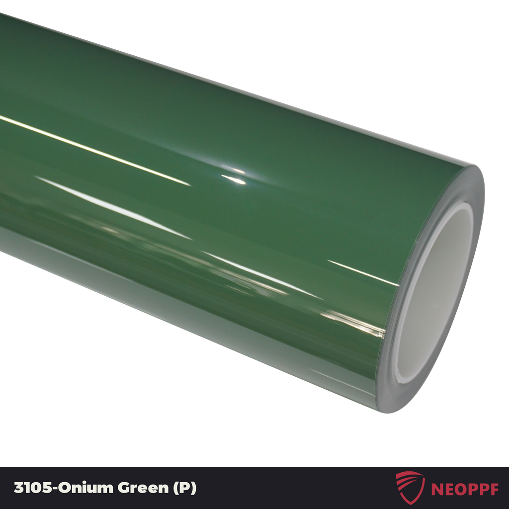 A sports car with Onium Green paint protection film colored wrap is parking in the garage