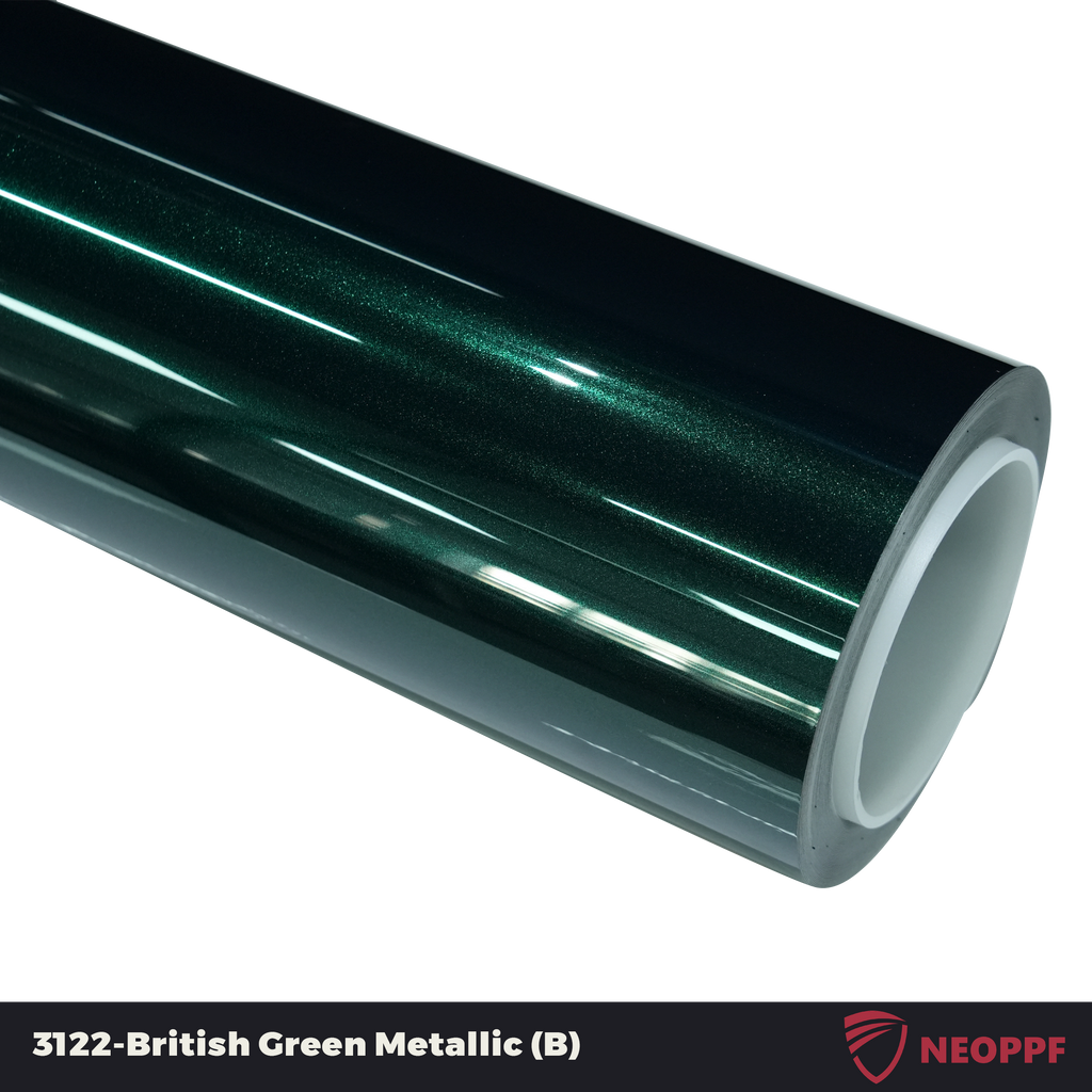 A sports car with British Green Metallic paint protection film colored wrap is parking in the garage