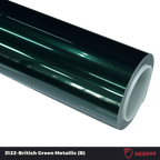 A sports car with British Green Metallic paint protection film colored wrap is parking in the garage