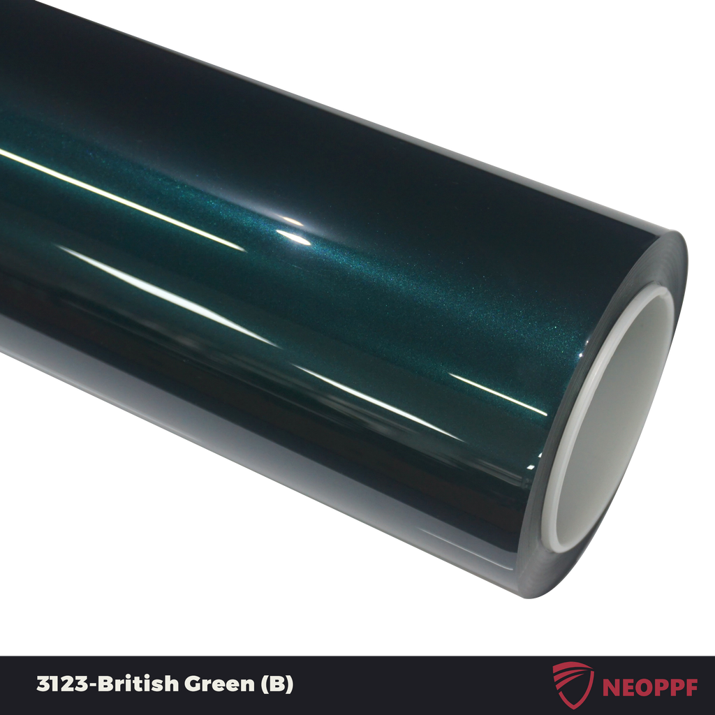 A sports car with British Green paint protection film colored wrap is parking in the garage