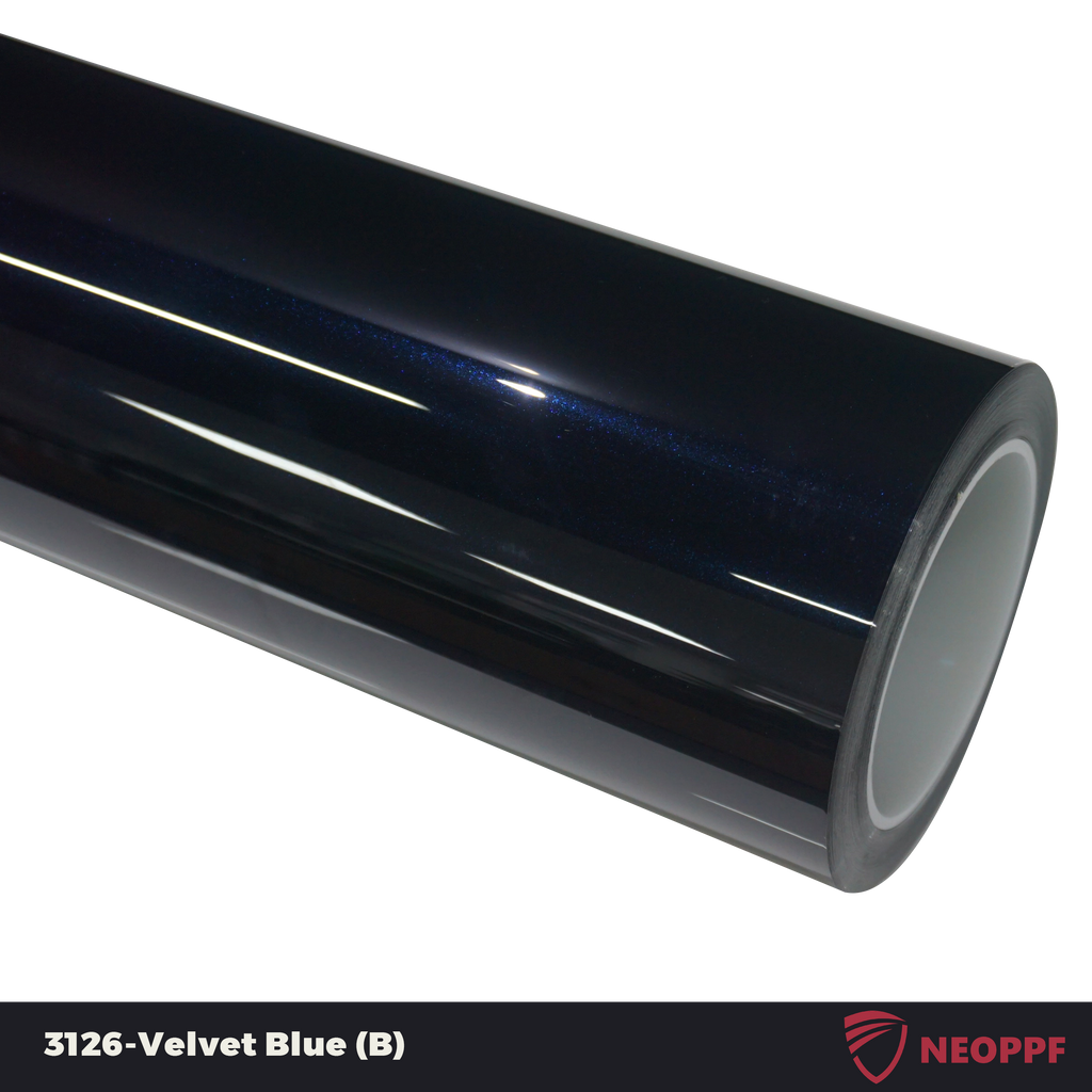 A sports car with Velvet Blue paint protection film colored wrap is parking in the garage
