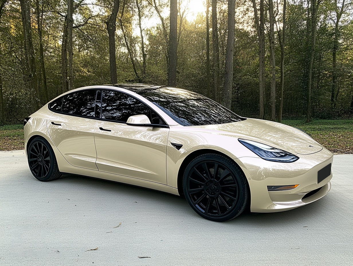 A sports car with Champagne Gold paint protection film colored wrap is parking in the garage